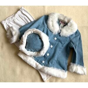 Vintage 90s Joy Kid Leggings Jacket & Hat Set Girls 6 Blue White Faux Fur Trim